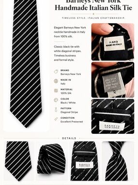 Barneys New York Handmade Italian Silk Tie Black White Stripe Classic Mens